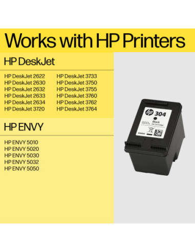 HP 304 Black Ink Cartridge, 120 pages, for HP DeskJet 2620,2630,2632,2633,3720,3730,3732,3735