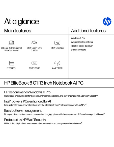 HP EliteBook 6 G1i 13 - Ultra 7-265U, 32GB, 1TB SSD, 13.3 WUXGA 400-nit AG, 5MP IR cam, WWAN-ready, US backlit keyboard, 56Wh, 