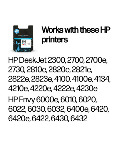 HP 305 Tri-Color Ink Cartridges, 100 pages, for HP DeskJet 2300, 2710, 2720, Plus 4100 (with plastic cover)