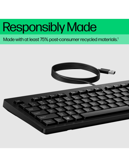 HP 125 G2 USB Wired Keyboard, Sanitizable, Copilot Key - Black - US ENG (BULK of 12 pcs)