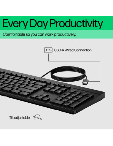 HP 125 G2 USB Wired Keyboard, Sanitizable, Copilot Key - Black - US ENG (BULK of 12 pcs)