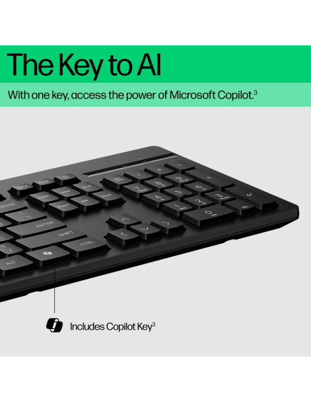 HP 125 G2 USB Wired Keyboard, Sanitizable, Copilot Key - Black - US ENG (BULK of 12 pcs)