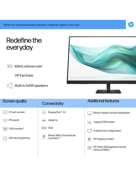 HP 327ph Series 3 Pro FHD Monitor - 27" 1920x1080 FHD 250-nit 100Hz AG, IPS, HDMI/VGA/DisplayPort, speakers, height adjustable/