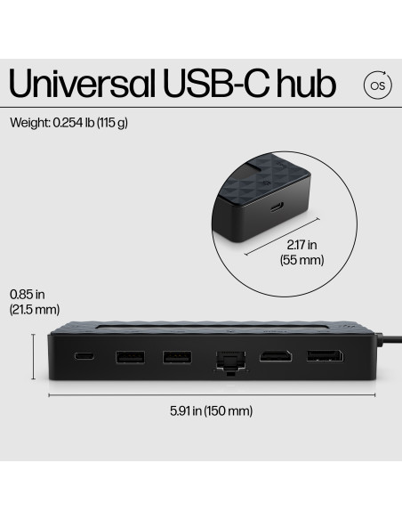 HP Universal USB-C Multiport Hub with 65W Power Adapter Notebook Charger - 2x USB-A, 2x USB-C(65W/Data), DisplayPort/HDMI, RJ-4