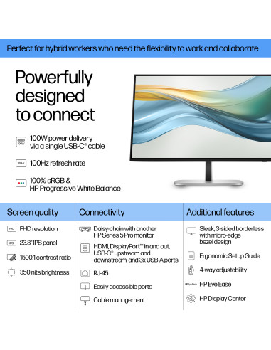 HP 524pu Series 5 Pro FHD Charging Monitor - OPENBOX - 23.8" 1920x1080 FHD 350-nit 100Hz AG, IPS, USB-C(100W/15W)/HDMI/DisplayP