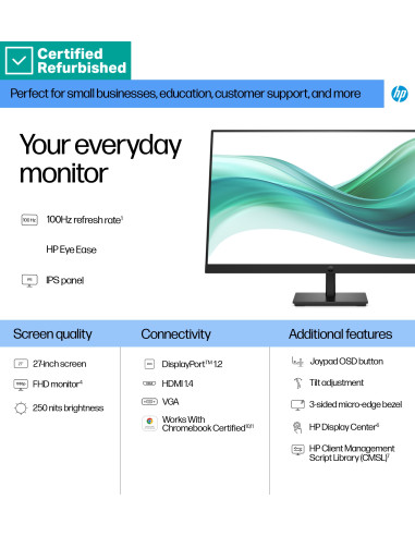 RENEW SILVER HP 327pf Series 3 Pro FHD Monitor - 27" 1920x1080 FHD 250-nit 100Hz AG, IPS, HDMI/VGA/DisplayPort, tilt, 1 years