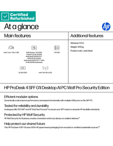 RENEW SILVER HP ProDesk 4 G1i SFF - Ultra 7-265, 32GB, 1TB SSD, No Mouse, Win 11 Pro, 1 years