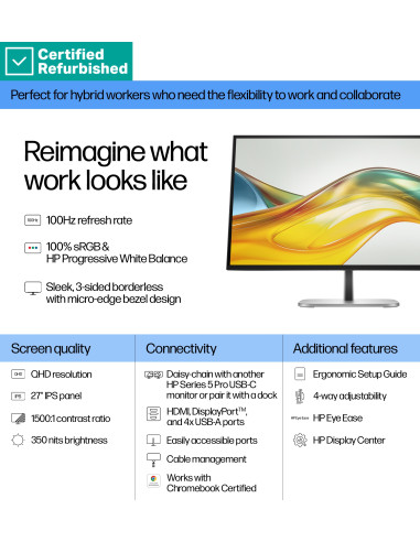 RENEW SILVER HP 527pq Series 5 Pro QHD Monitor - 27" 2560x1440 QHD 350-nit 100Hz AG, IPS, HDMI/DisplayPort, 4x USB-A, height ad