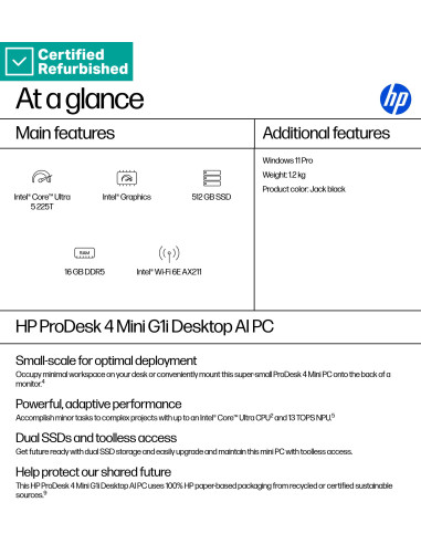 RENEW SILVER HP ProDesk 4 G1i Mini - Ultra 5-225T, 16GB, 512GB SSD, No Mouse, Win 11 Pro, 1 years