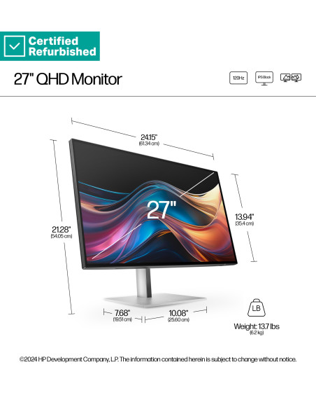 RENEW SILVER HP 727pq Series 7 Pro QHD Monitor - 27" 2560x1440 QHD 400-nit 120Hz AG, IPS Black HDR 400, USB-C(15W)/HDMI/Display