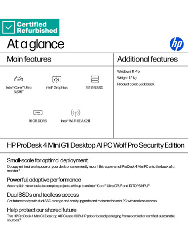 RENEW SILVER HP ProDesk 4 G1i Mini - Ultra 5-235, 16GB, 512GB SSD, No Mouse, Win 11 Pro, 1 years