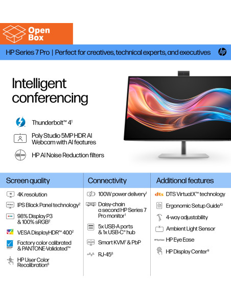 HP 727pm Series 7 Pro 4K Conferencing Monitor - 27" 3840x2160 UHD 400-nit 60Hz AG, IPS Black HDR 400, USB-C(100W/15W)/HDMI/Disp