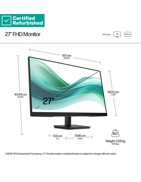 RENEW SILVER HP 327pf Series 3 Pro FHD Monitor - 27" 1920x1080 FHD 250-nit 100Hz AG, IPS, HDMI/VGA/DisplayPort, tilt, 1 years