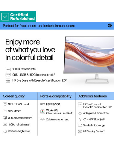 RENEW GOLD HP 532sf Series 5 FHD Monitor - 31.5" 1920x1080 FHD 300-nit 100Hz AG, VA, 2x HDMI/VGA, tilt, 1 years