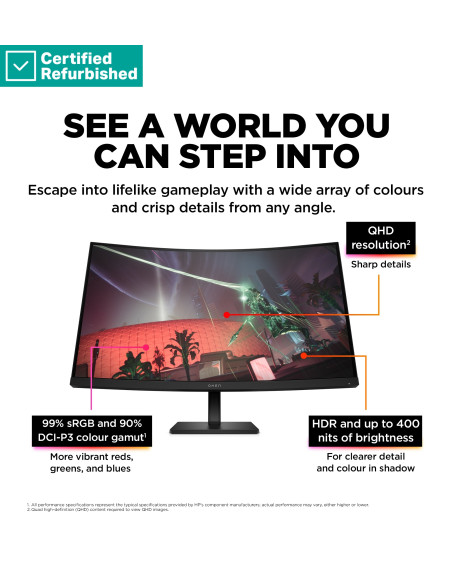 RENEW GOLD OMEN by HP 32c Curved Gaming Monitor - 31.5" 2560x1440 QHD 400-nit 165Hz AG, Curved, VA HDR 400, 2x HDMI/DisplayPort