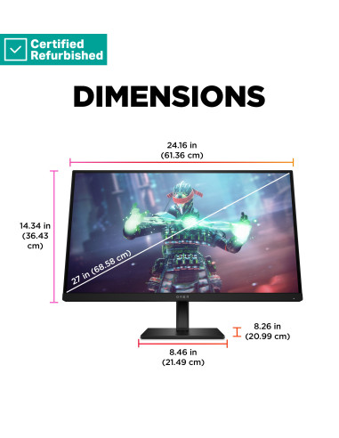 RENEW SILVER OMEN by HP 27k UHD Gaming Monitor - 27" 3840x2160 UHD 400-nit 144 Hz AG, IPS, USB-C/2x HDMI/DisplayPort, 2x USB-A,