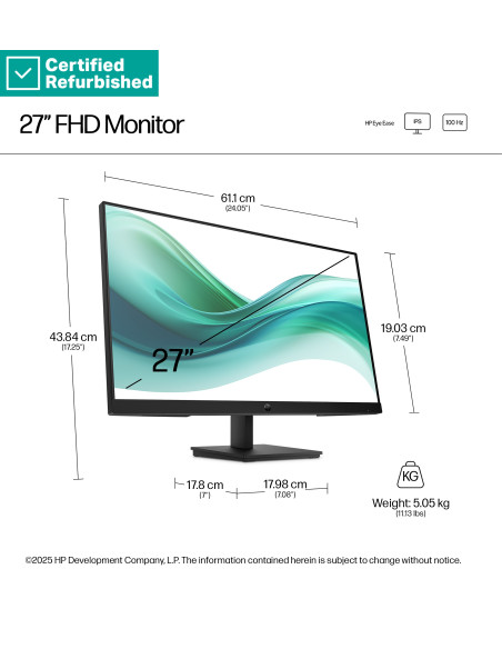 RENEW SILVER HP 327pf Series 3 Pro FHD Monitor - 27" 1920x1080 FHD 250-nit 100Hz AG, IPS, HDMI/VGA/DisplayPort, tilt, 1 years