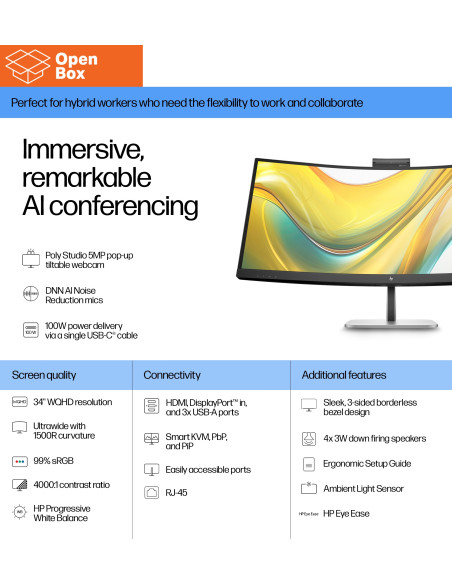 HP 534pm Series 5 Pro WQHD USB-C Curved Conferencing Monitor - OPENBOX - 34" 3440x1440 WQHD 400-nit AG, VA, USB-C(100W/15W)/HDM