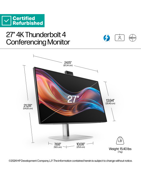 RENEW SILVER HP 727pm Series 7 Pro 4K Conferencing Monitor - 27" 3840x2160 UHD 400-nit 60Hz AG, IPS Black HDR 400, USB-C(100W/1