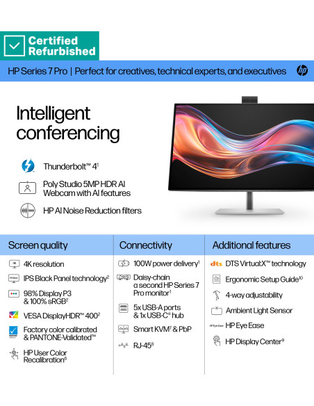 RENEW SILVER HP 727pm Series 7 Pro 4K Conferencing Monitor - 27" 3840x2160 UHD 400-nit 60Hz AG, IPS Black HDR 400, USB-C(100W/1