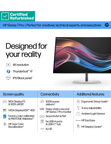 RENEW SILVER HP 727pk Series 7 Pro 4K Charging Monitor - 27" 3840x2160 UHD 400-nit 60Hz AG, IPS Black HDR 400, USB-C(100W)/USB-