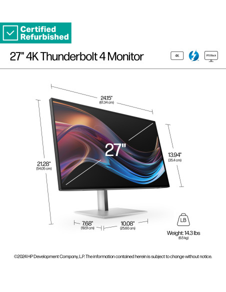 RENEW SILVER HP 727pk Series 7 Pro 4K Charging Monitor - 27" 3840x2160 UHD 400-nit 60Hz AG, IPS Black HDR 400, USB-C(100W)/USB-