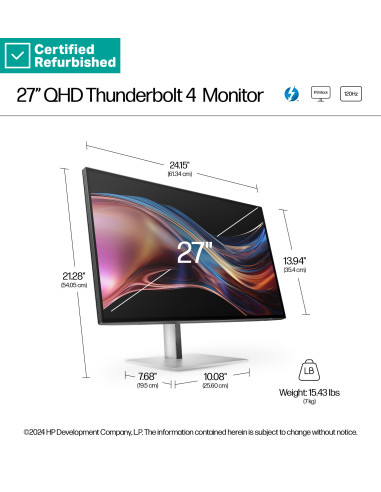 RENEW SILVER HP 727pu Series 7 Pro QHD TB4 Charging Monitor - 27" 2560x1440 QHD 400-nit 120Hz AG, IPS Black HDR 400, USB-C(100W