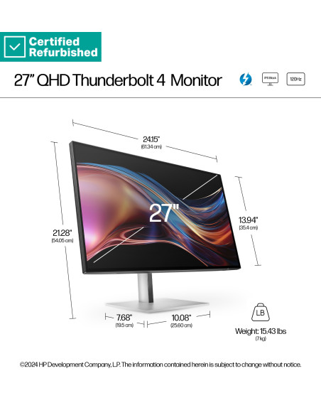 RENEW SILVER HP 727pu Series 7 Pro QHD TB4 Charging Monitor - 27" 2560x1440 QHD 400-nit 120Hz AG, IPS Black HDR 400, USB-C(100W