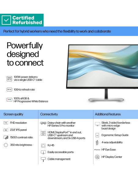 RENEW SILVER HP 524pu Series 5 Pro FHD Charging Monitor - 23.8" 1920x1080 FHD 350-nit 100Hz AG, IPS, USB-C(100W/15W)/HDMI/Displ